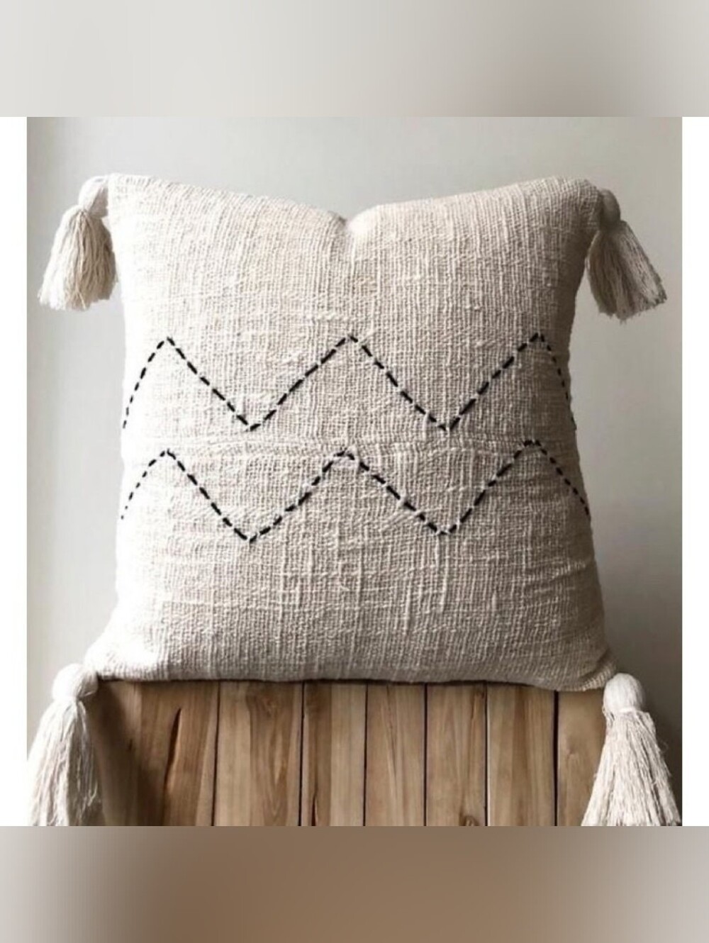Neutral Beige Tassel Throw Pillow with Black Zigzag Stitch